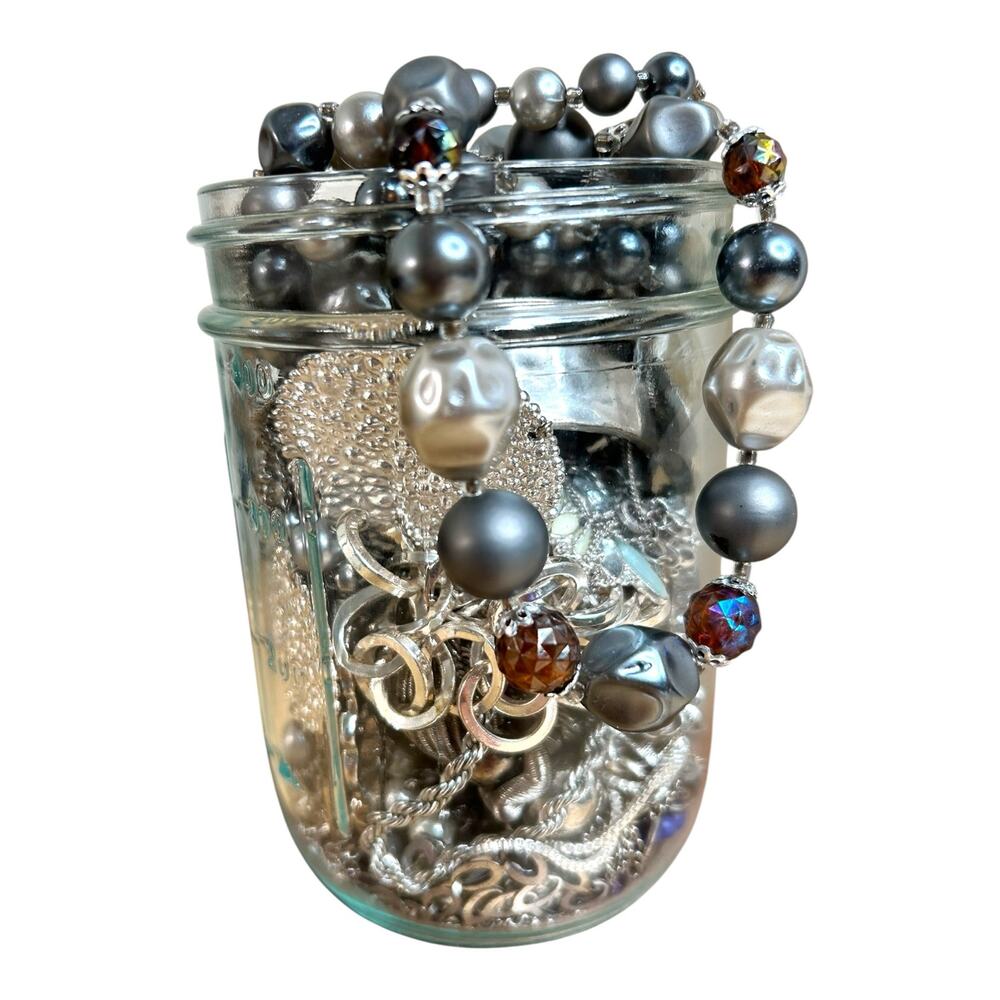 Jewelry Jar Silver Tones Mixed Lot Necklaces Bracelets Vintage to Modern